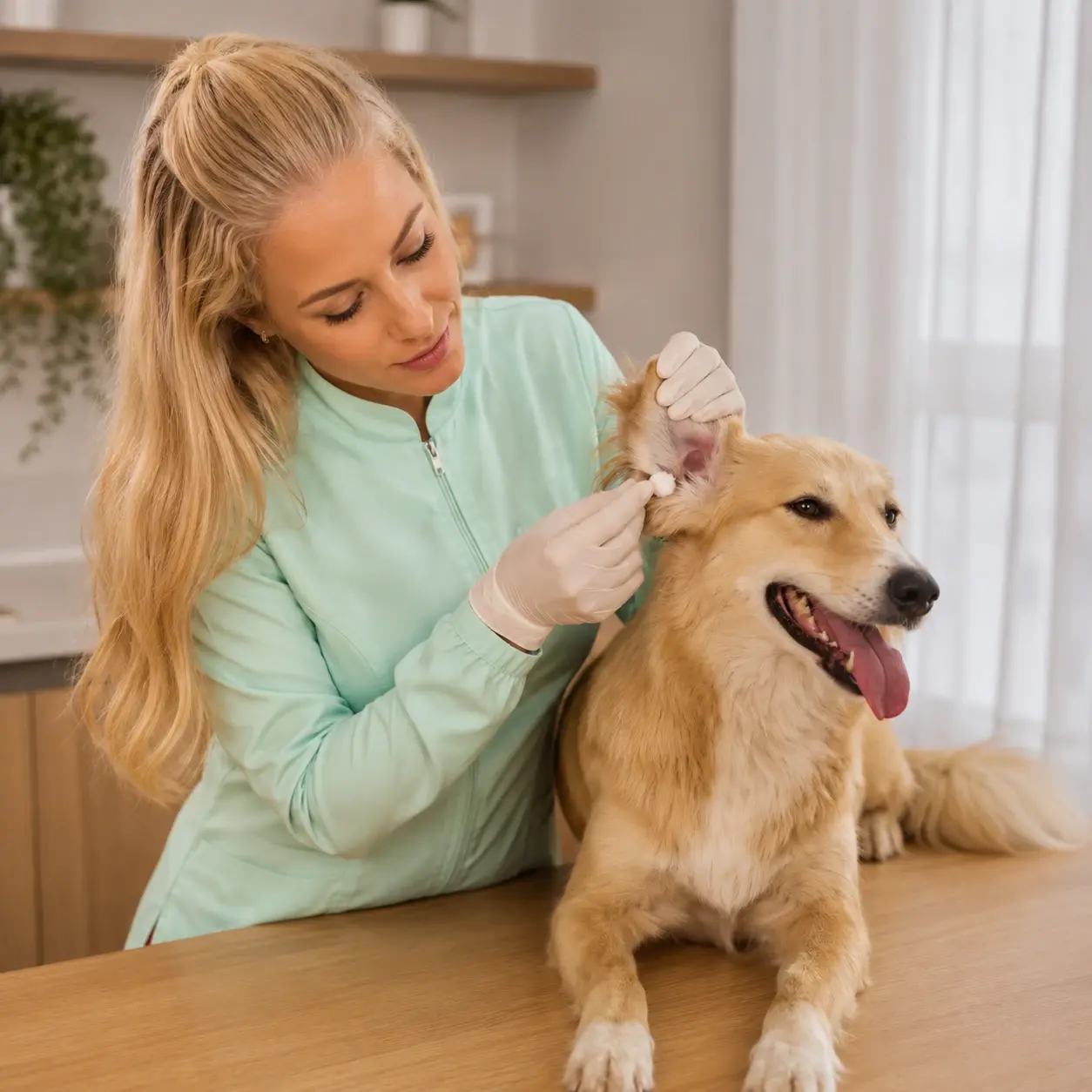 Dra. Loane examinando a orelha de um cachorro